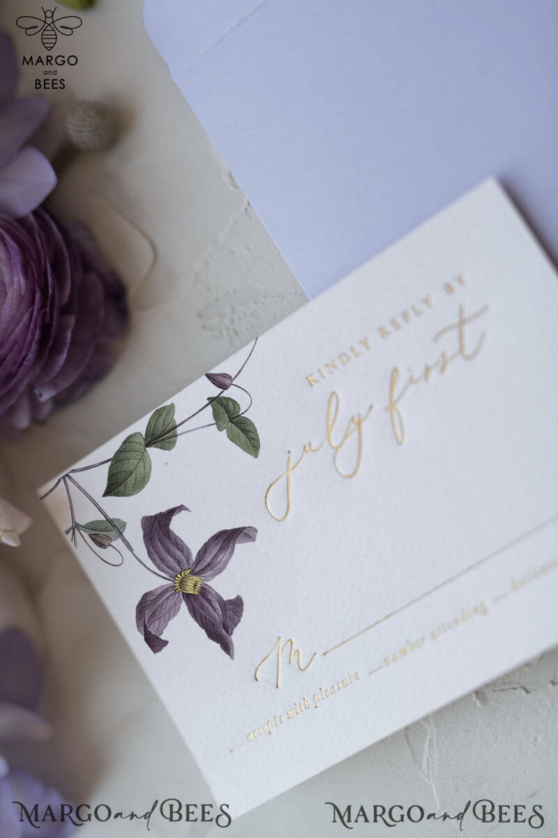 Elegant Personalized Wedding Invitations with Gold letters Romantic Stationery with Clematis and  Handmade  Silk Bow Purple Envelope with Floral Liner-21