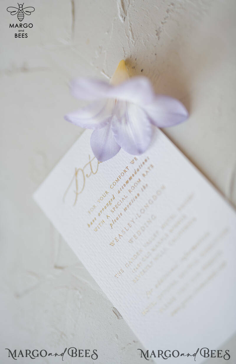 Elegant Personalized Wedding Invitations with Gold letters Romantic Stationery with Clematis and  Handmade  Silk Bow Purple Envelope with Floral Liner-22