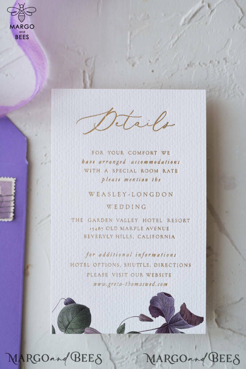 Elegant Personalized Wedding Invitations with Gold letters Romantic Stationery with Clematis and  Handmade  Silk Bow Purple Envelope with Floral Liner-23