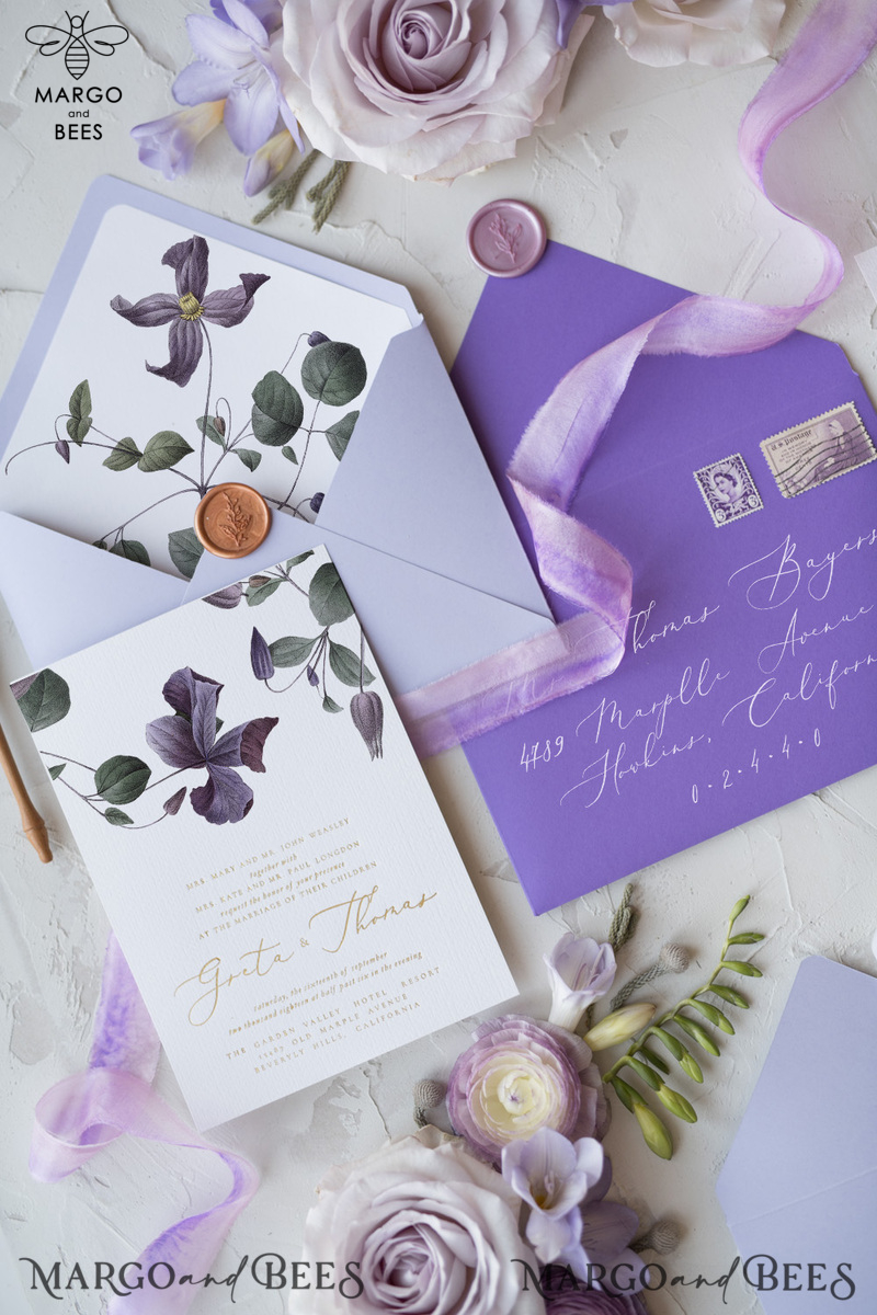 Elegant Personalized Wedding Invitations with Gold letters Romantic Stationery with Clematis and  Handmade  Silk Bow Purple Envelope with Floral Liner-24
