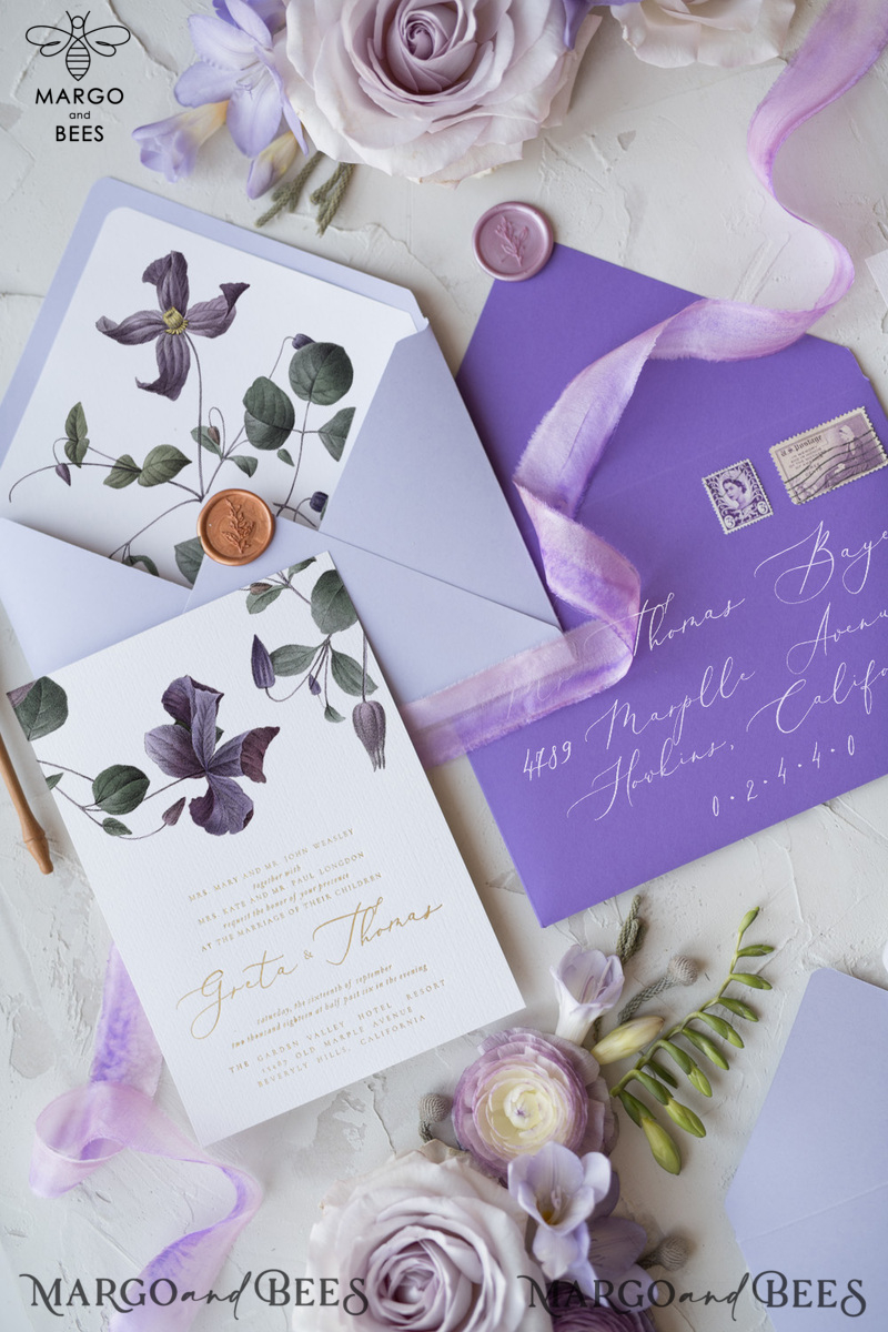 Elegant Personalized Wedding Invitations with Gold letters Romantic Stationery with Clematis and  Handmade  Silk Bow Purple Envelope with Floral Liner-25