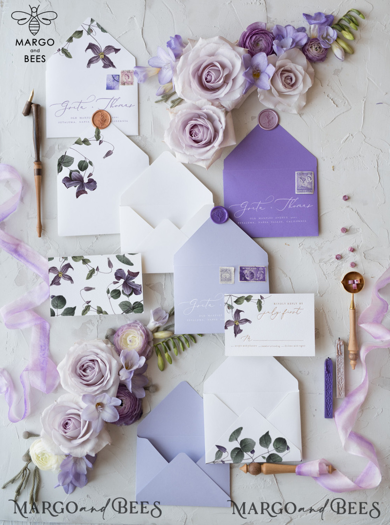 Elegant Personalized Wedding Invitations with Gold letters Romantic Stationery with Clematis and  Handmade  Silk Bow Purple Envelope with Floral Liner-26