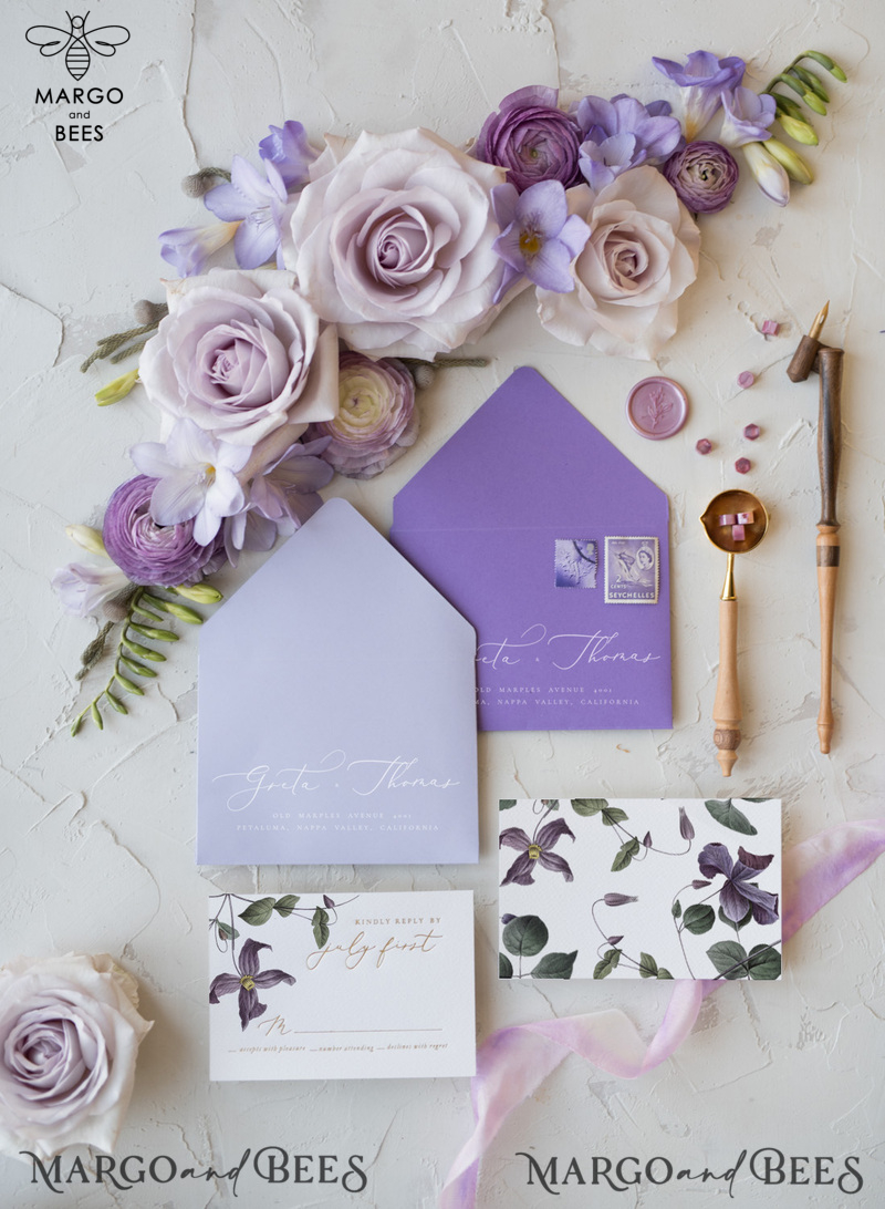 Elegant Personalized Wedding Invitations with Gold letters Romantic Stationery with Clematis and  Handmade  Silk Bow Purple Envelope with Floral Liner-27