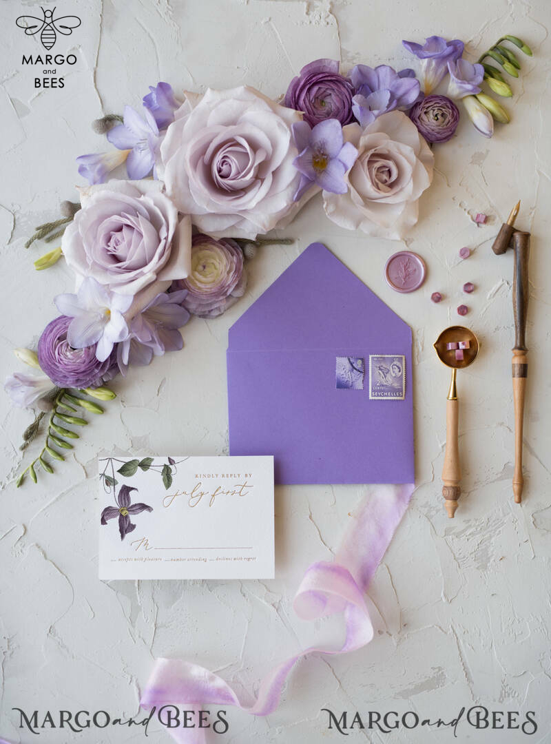 Elegant Personalized Wedding Invitations with Gold letters Romantic Stationery with Clematis and  Handmade  Silk Bow Purple Envelope with Floral Liner-28