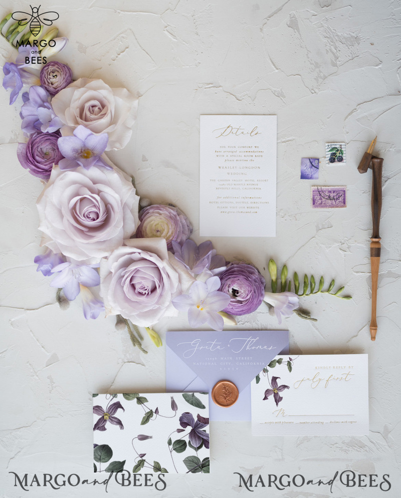 Elegant Personalized Wedding Invitations with Gold letters Romantic Stationery with Clematis and  Handmade  Silk Bow Purple Envelope with Floral Liner-29