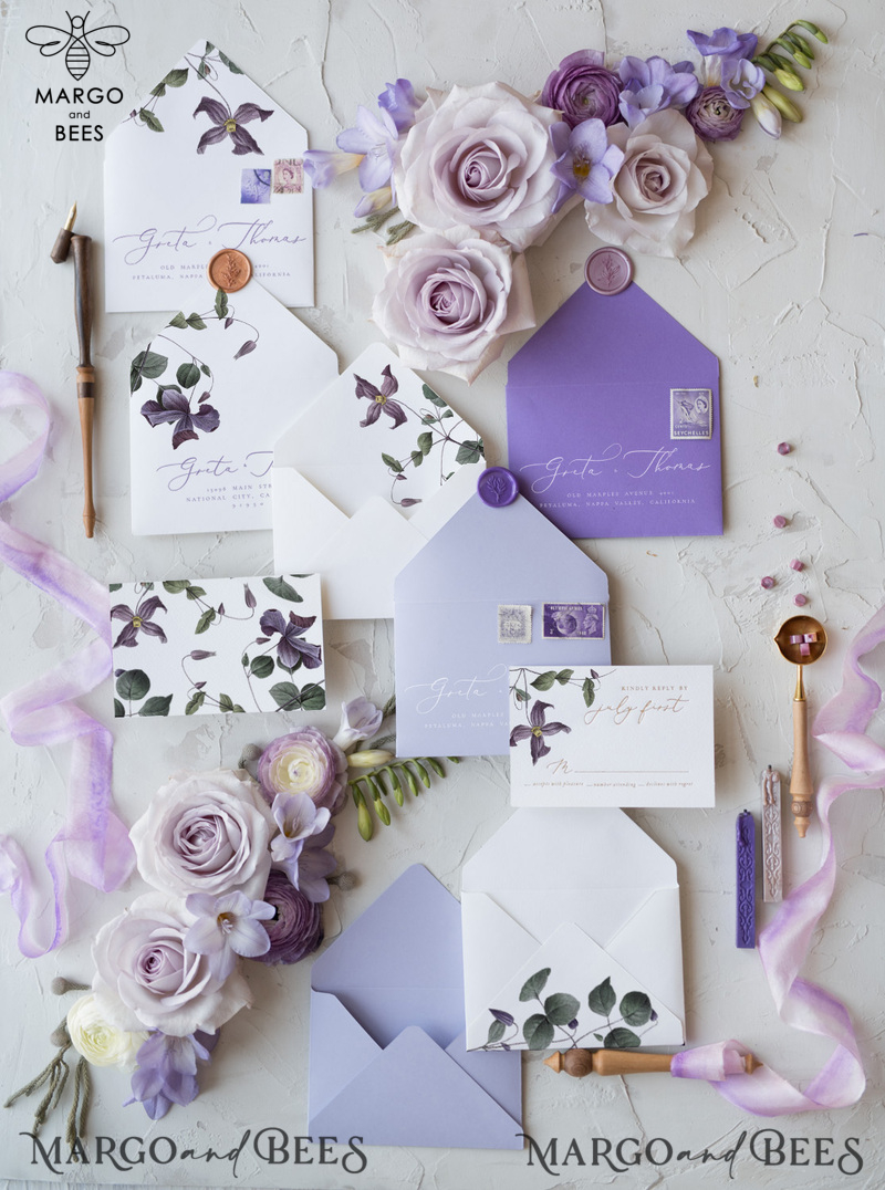 Elegant Personalized Wedding Invitations with Gold letters Romantic Stationery with Clematis and  Handmade  Silk Bow Purple Envelope with Floral Liner-30