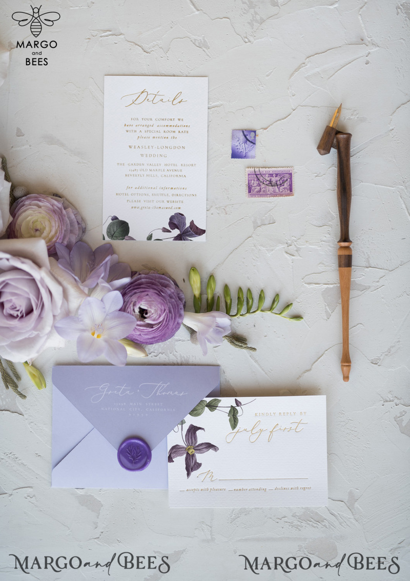 Elegant Personalized Wedding Invitations with Gold letters Romantic Stationery with Clematis and  Handmade  Silk Bow Purple Envelope with Floral Liner-31