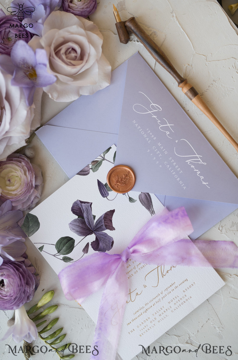 Elegant Personalized Wedding Invitations with Gold letters Romantic Stationery with Clematis and  Handmade  Silk Bow Purple Envelope with Floral Liner-32