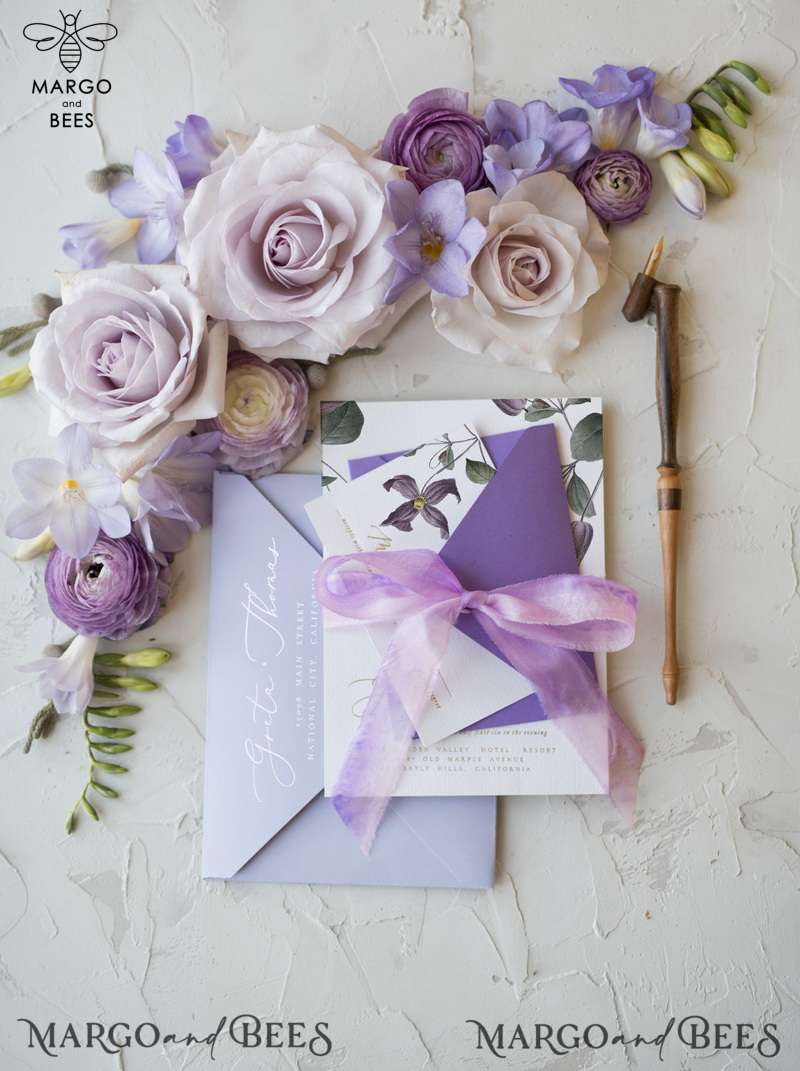 Elegant Personalized Wedding Invitations with Gold letters Romantic Stationery with Clematis and  Handmade  Silk Bow Purple Envelope with Floral Liner-33