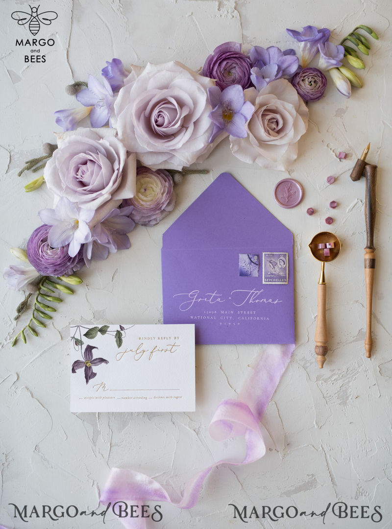 Elegant Personalized Wedding Invitations with Gold letters Romantic Stationery with Clematis and  Handmade  Silk Bow Purple Envelope with Floral Liner-34