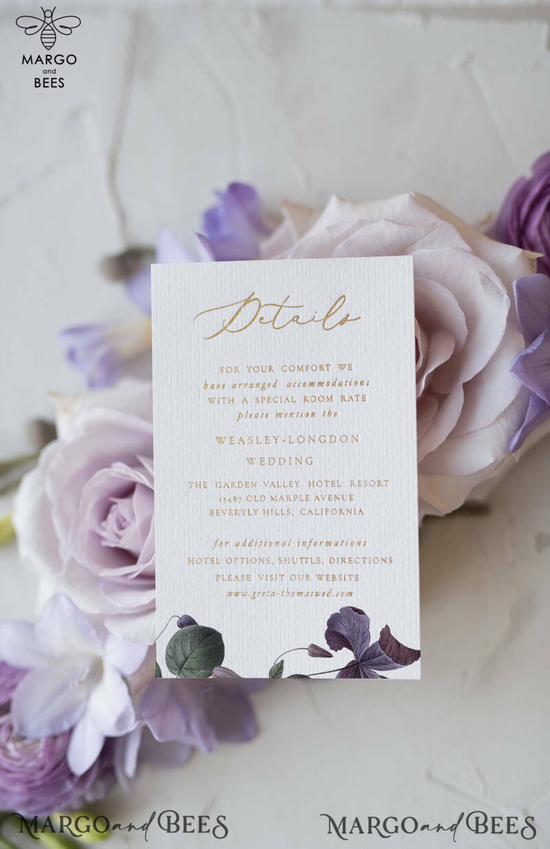 Elegant Personalized Wedding Invitations with Gold letters Romantic Stationery with Clematis and  Handmade  Silk Bow Purple Envelope with Floral Liner-4