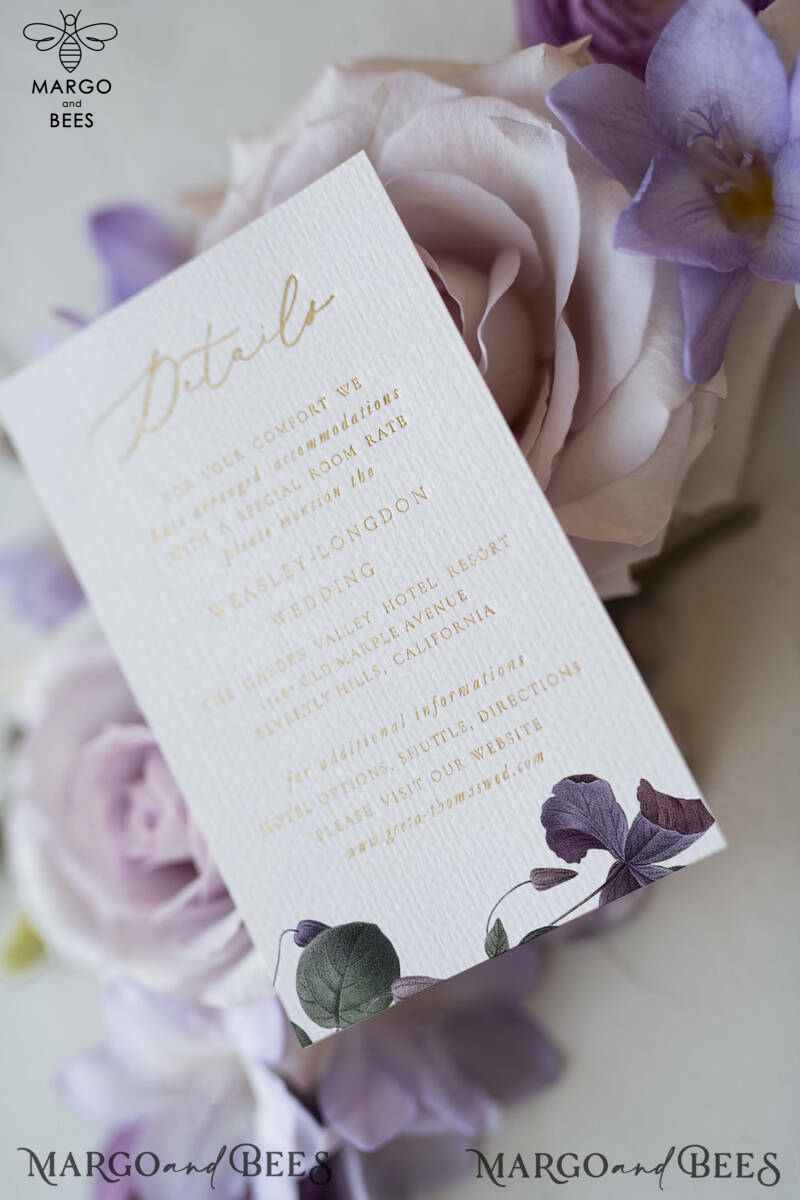 Elegant Personalized Wedding Invitations with Gold letters Romantic Stationery with Clematis and  Handmade  Silk Bow Purple Envelope with Floral Liner-5