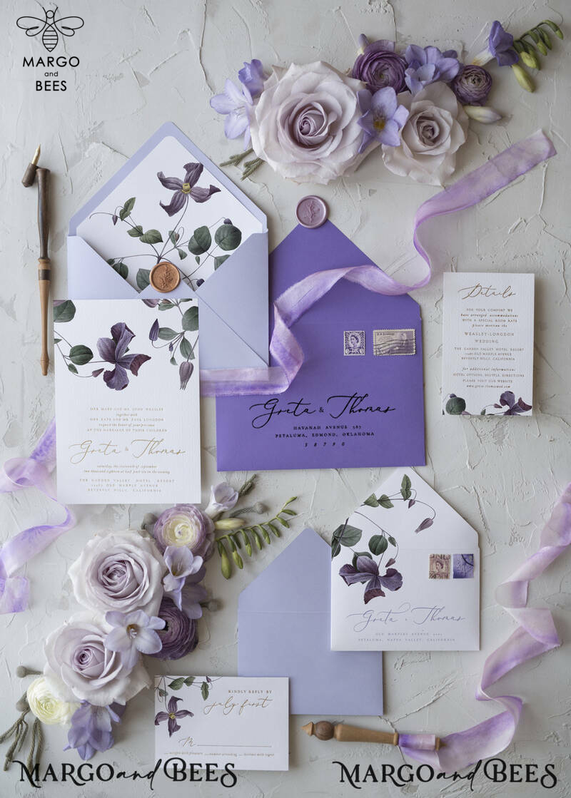 Vintage Floral Wedding Invitations With Purple Ribbon, Elegant Lilac Wedding Invites, Minmalistic Wedding Invitation Suite, Bespoke White Wedding Stationery-0