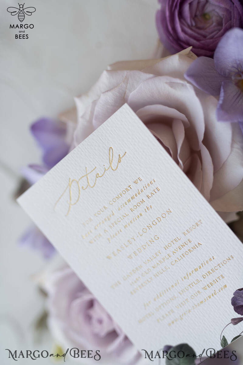 Elegant Personalized Wedding Invitations with Gold letters Romantic Stationery with Clematis and  Handmade  Silk Bow Purple Envelope with Floral Liner-7