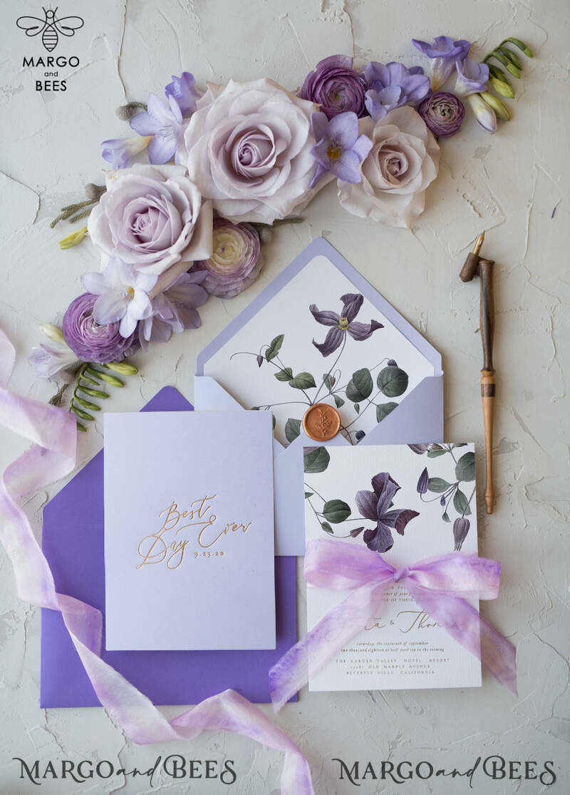 Elegant Personalized Wedding Invitations with Gold letters Romantic Stationery with Clematis and  Handmade  Silk Bow Purple Envelope with Floral Liner-8