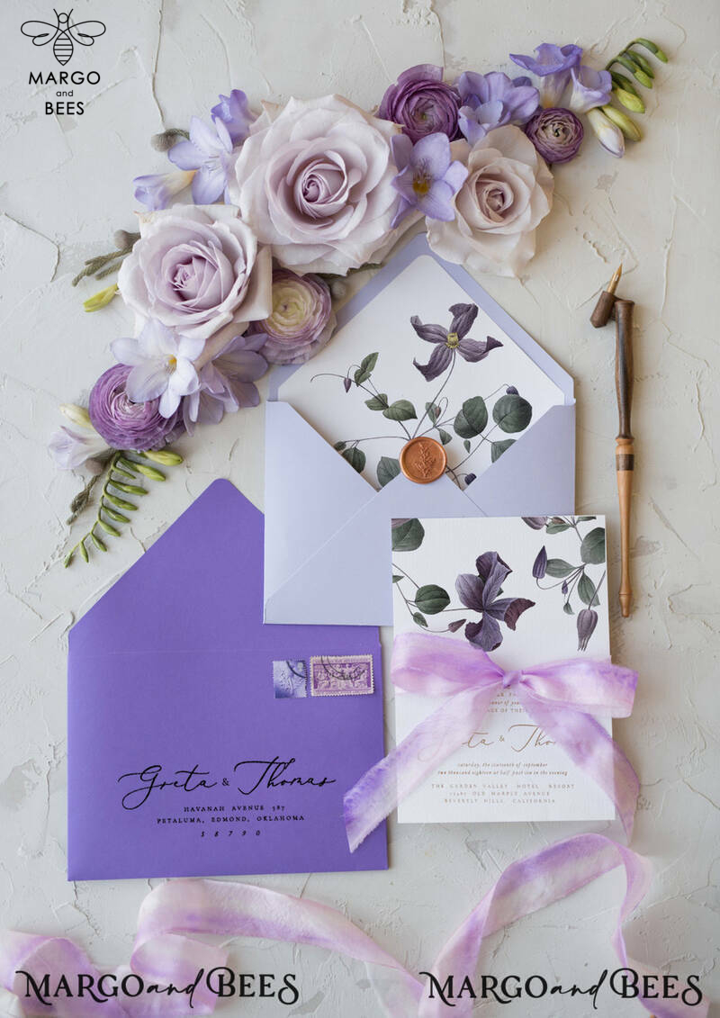 Vintage Floral Wedding Invitations With Purple Ribbon, Elegant Lilac Wedding Invites, Minmalistic Wedding Invitation Suite, Bespoke White Wedding Stationery-4