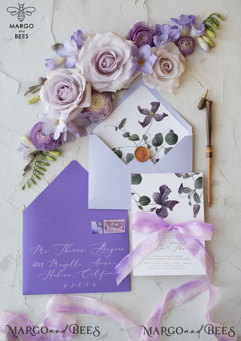 Elegant Personalized Wedding Invitations with Gold letters Romantic Stationery with Clematis and  Handmade  Silk Bow Purple Envelope with Floral Liner-9