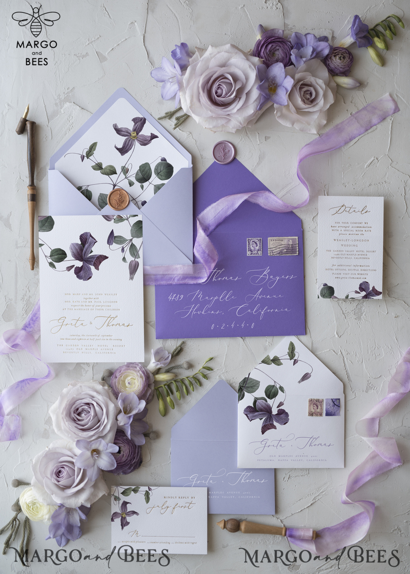 Elegant Personalized Wedding Invitations with Gold letters Romantic Stationery with Clematis and  Handmade  Silk Bow Purple Envelope with Floral Liner-0
