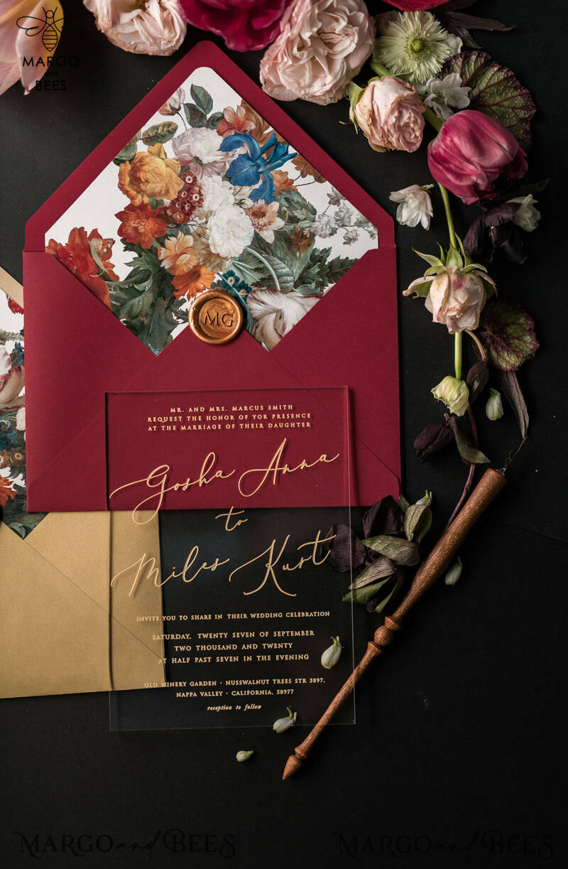  Luxury Acrylic Plexi Wedding Invitations, Glamour Golden Shine Wedding Invites, Vintage Floral Wedding Cards, Romantic Red And Gold Wedding Invitation Suite-14