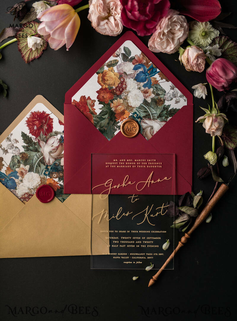  Luxury Acrylic Plexi Wedding Invitations, Glamour Golden Shine Wedding Invites, Vintage Floral Wedding Cards, Romantic Red And Gold Wedding Invitation Suite-15