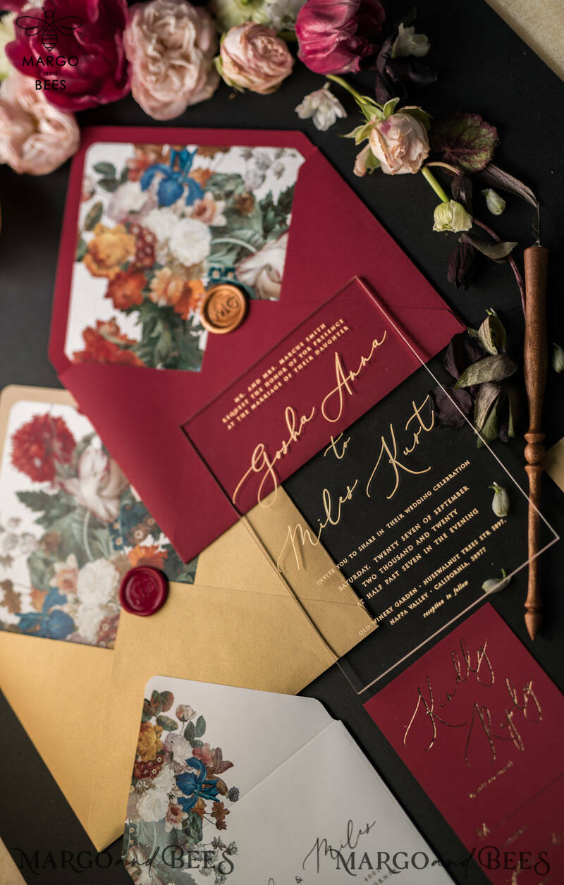  Luxury Acrylic Plexi Wedding Invitations, Glamour Golden Shine Wedding Invites, Vintage Floral Wedding Cards, Romantic Red And Gold Wedding Invitation Suite-16