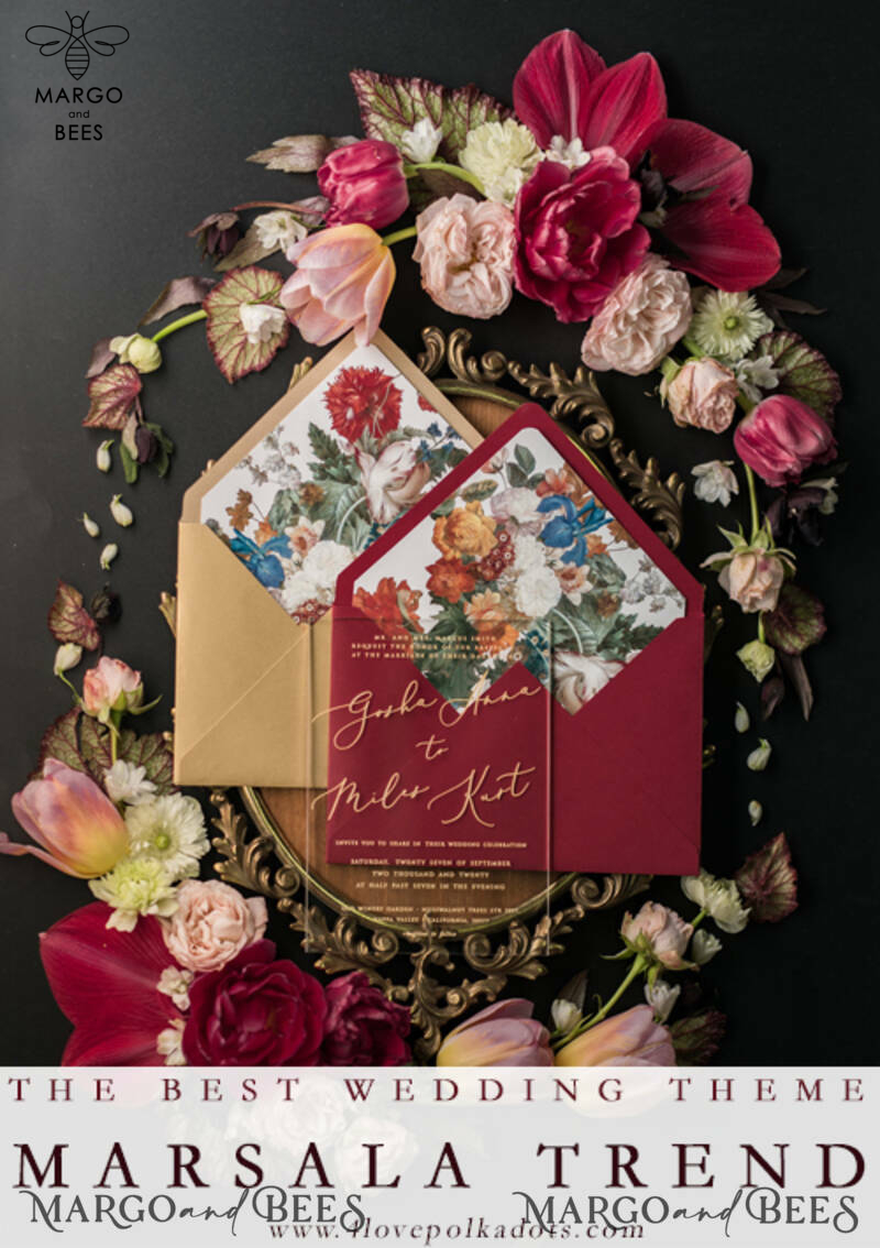  Luxury Acrylic Plexi Wedding Invitations, Glamour Golden Shine Wedding Invites, Vintage Floral Wedding Cards, Romantic Red And Gold Wedding Invitation Suite-23