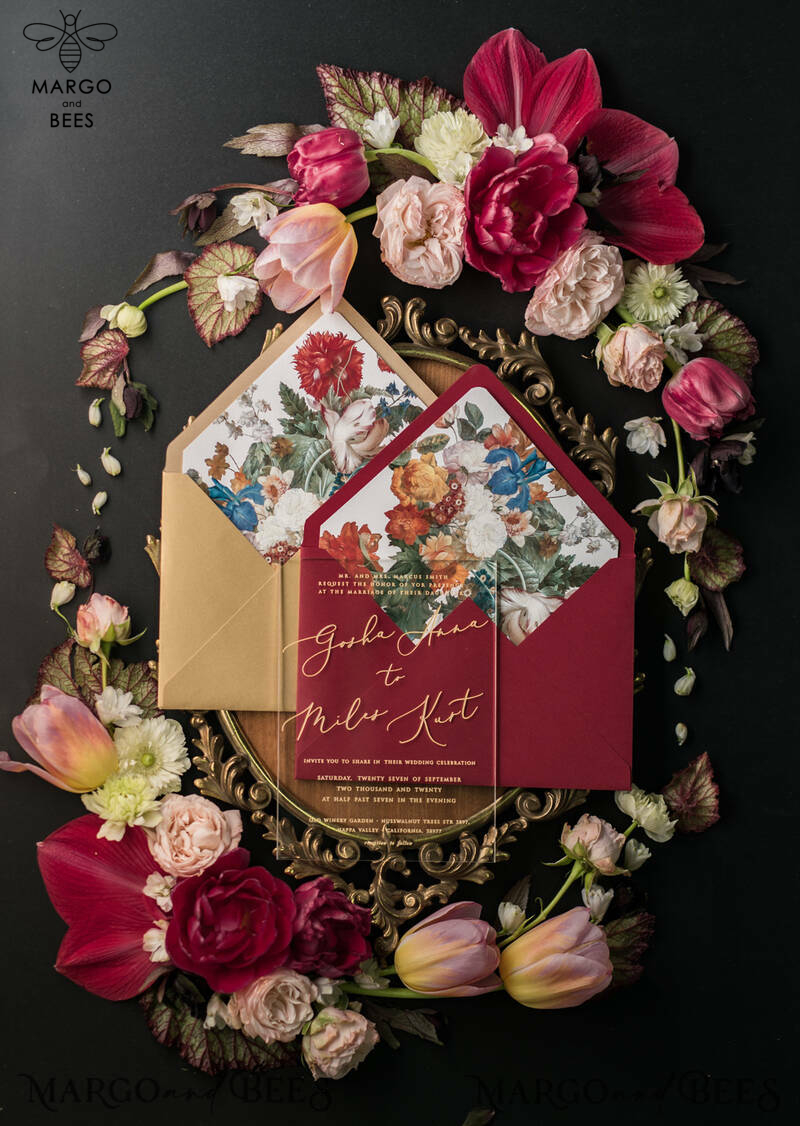 Luxury Acrylic Plexi Wedding Invitations, Glamour Golden Shine Wedding Invites, Vintage Floral Wedding Cards, Romantic Red And Gold Wedding Invitation Suite-1