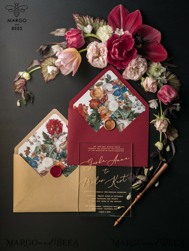 Elegant and Luxurious Acrylic Plexi Wedding Invitations with Glamourous Golden Shine: Vintage Floral and Romantic Red & Gold Wedding Invitation Suite-12