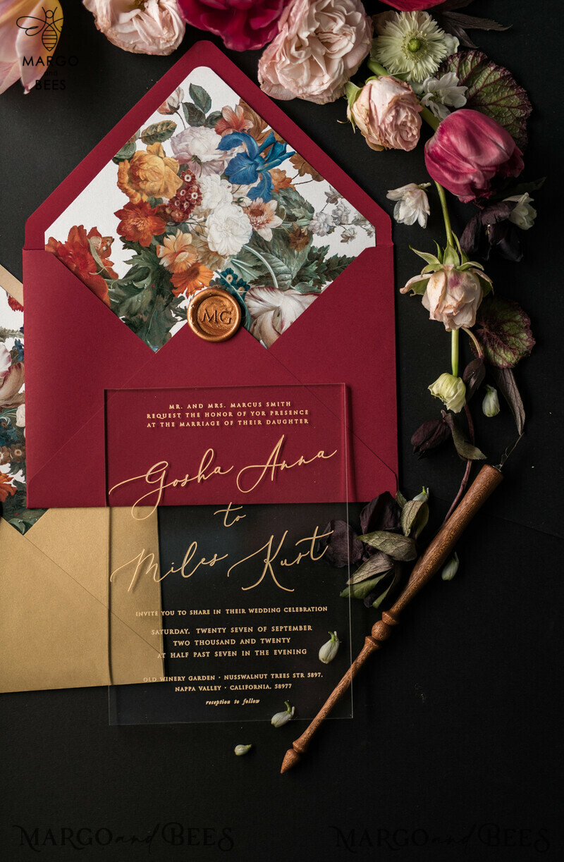 Elegant and Luxurious Acrylic Plexi Wedding Invitations with Glamourous Golden Shine: Vintage Floral and Romantic Red & Gold Wedding Invitation Suite-14