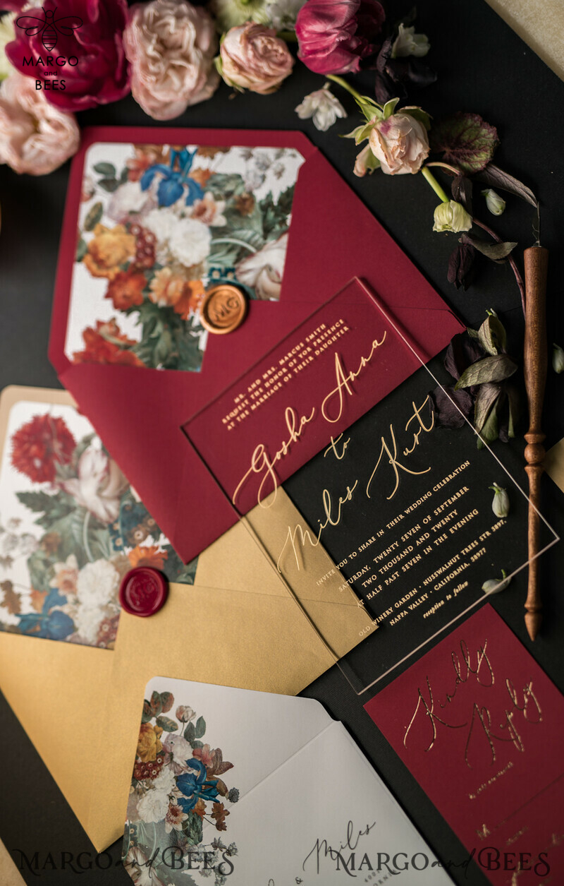 Elegant and Luxurious Acrylic Plexi Wedding Invitations with Glamourous Golden Shine: Vintage Floral and Romantic Red & Gold Wedding Invitation Suite-16