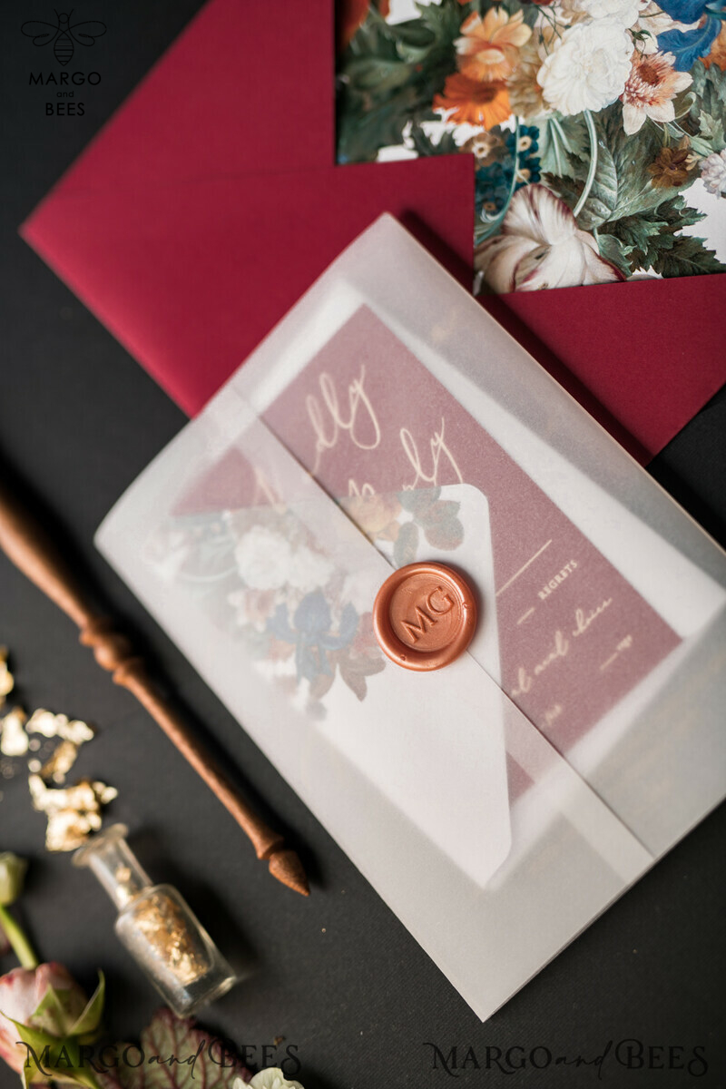 Elegant and Luxurious Acrylic Plexi Wedding Invitations with Glamourous Golden Shine: Vintage Floral and Romantic Red & Gold Wedding Invitation Suite-19