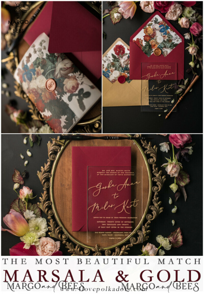 Elegant and Luxurious Acrylic Plexi Wedding Invitations with Glamourous Golden Shine: Vintage Floral and Romantic Red & Gold Wedding Invitation Suite-22