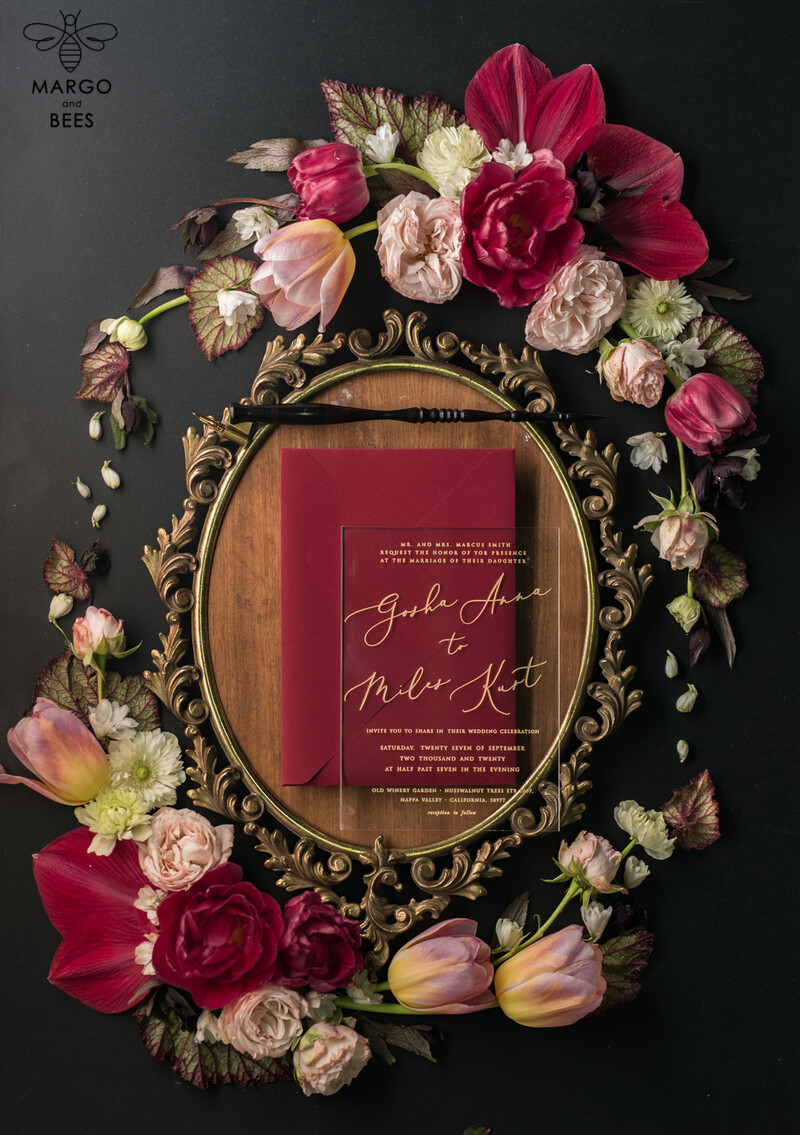 Elegant and Luxurious Acrylic Plexi Wedding Invitations with Glamourous Golden Shine: Vintage Floral and Romantic Red & Gold Wedding Invitation Suite-2
