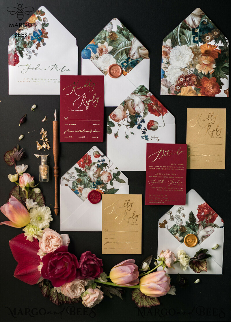 Elegant and Luxurious Acrylic Plexi Wedding Invitations with Glamourous Golden Shine: Vintage Floral and Romantic Red & Gold Wedding Invitation Suite-3