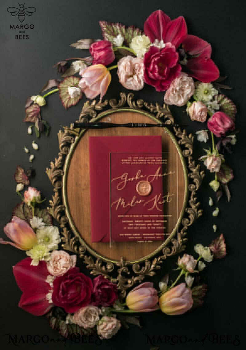 Elegant and Luxurious Acrylic Plexi Wedding Invitations with Glamourous Golden Shine: Vintage Floral and Romantic Red & Gold Wedding Invitation Suite-5
