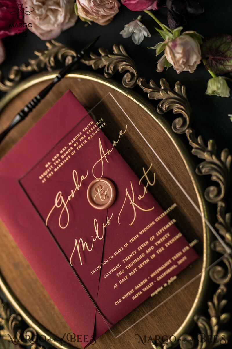 Elegant and Luxurious Acrylic Plexi Wedding Invitations with Glamourous Golden Shine: Vintage Floral and Romantic Red & Gold Wedding Invitation Suite-6