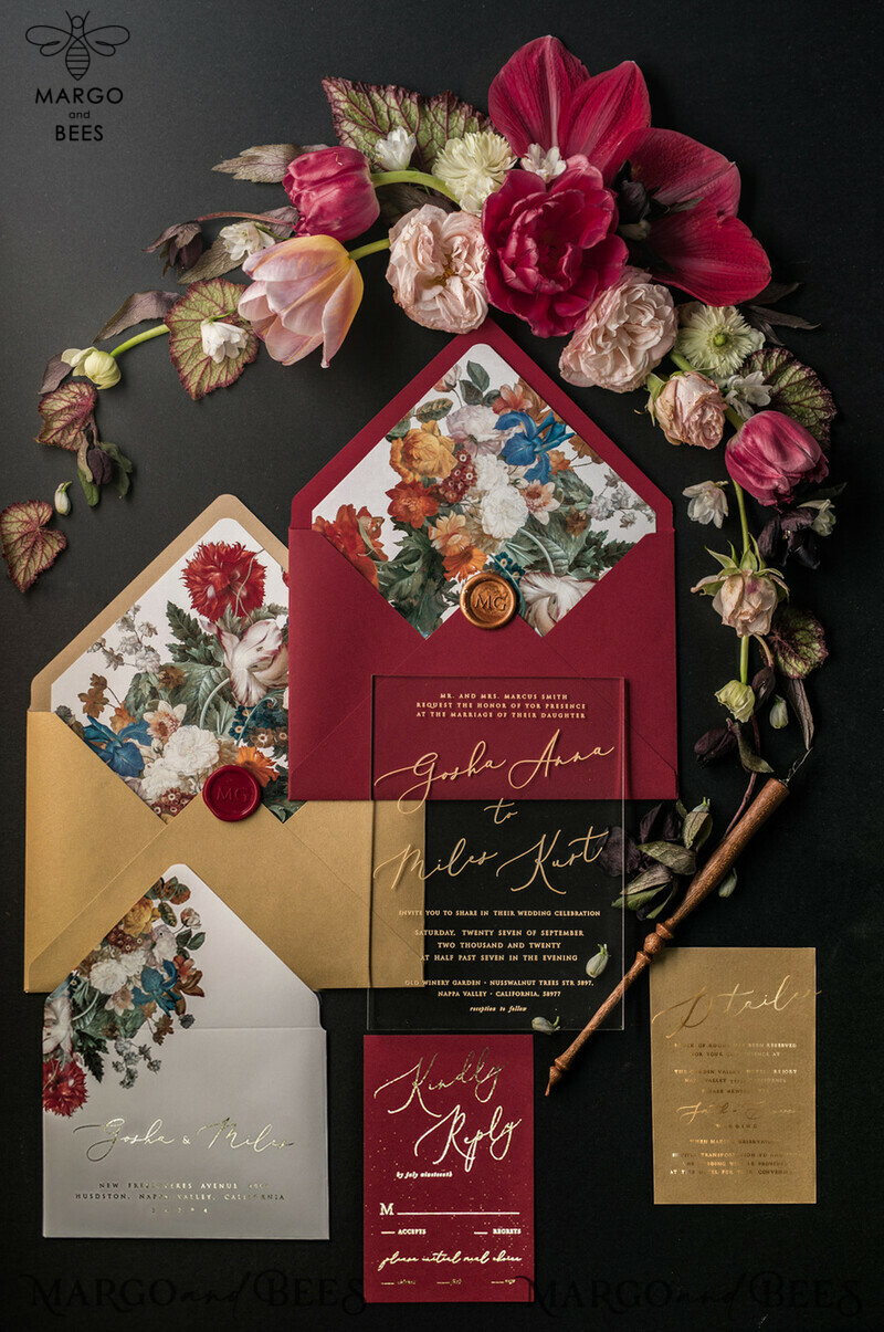 Elegant and Luxurious Acrylic Plexi Wedding Invitations with Glamourous Golden Shine: Vintage Floral and Romantic Red & Gold Wedding Invitation Suite-0