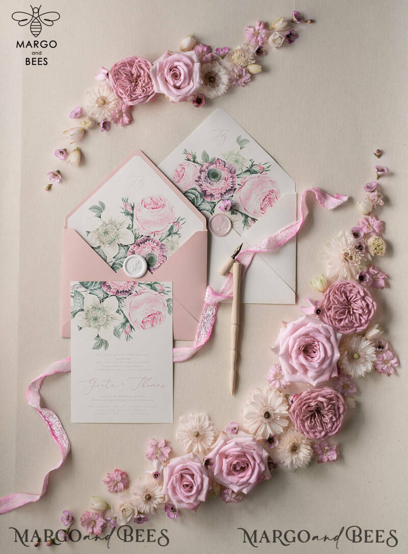 Floral Vintage Wedding Invitations, Elegant And Minimalistic White Wedding Invitation Suite, Delicate Pink Wedding Cards, Handmade Wedding Stationery-2