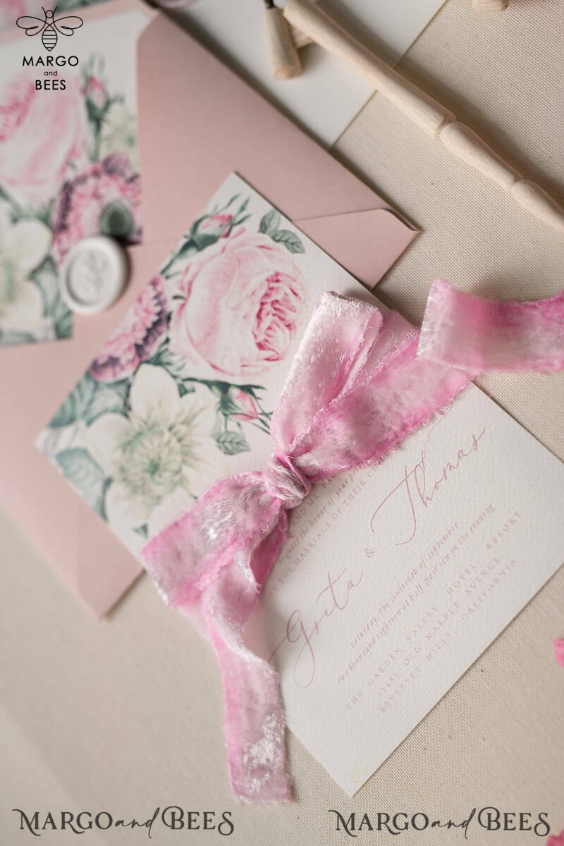 Floral Vintage Wedding Invitations, Elegant And Minimalistic White Wedding Invitation Suite, Delicate Pink Wedding Cards, Handmade Wedding Stationery-14