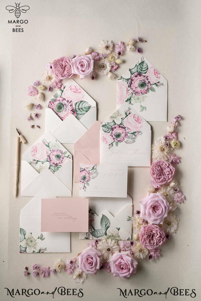 Floral Vintage Wedding Invitations, Elegant And Minimalistic White Wedding Invitation Suite, Delicate Pink Wedding Cards, Handmade Wedding Stationery-7