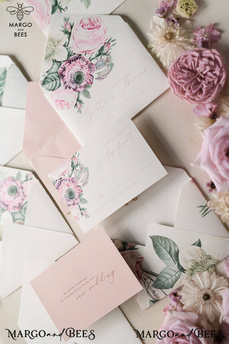 Floral Vintage Wedding Invitations, Elegant And Minimalistic White Wedding Invitation Suite, Delicate Pink Wedding Cards, Handmade Wedding Stationery-8