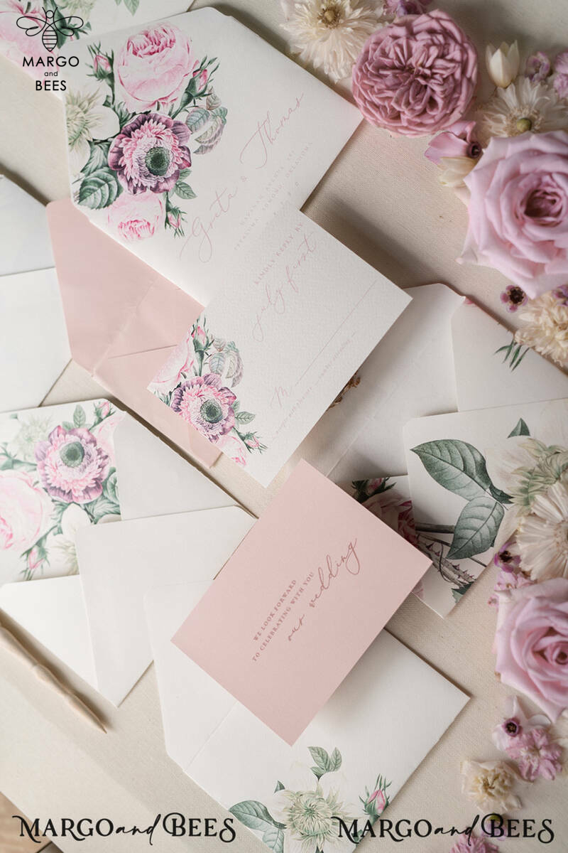 Floral Vintage Wedding Invitations, Elegant And Minimalistic White Wedding Invitation Suite, Delicate Pink Wedding Cards, Handmade Wedding Stationery-9