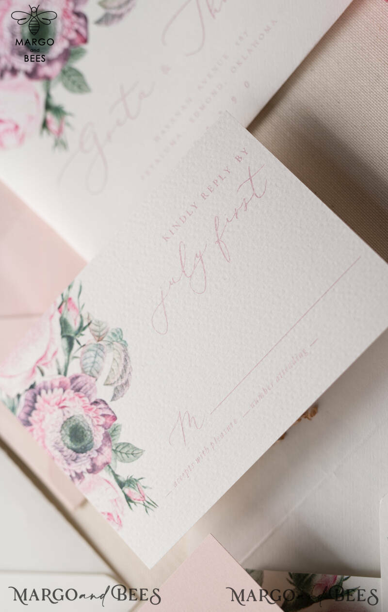 Floral Vintage Wedding Invitations, Elegant And Minimalistic White Wedding Invitation Suite, Delicate Pink Wedding Cards, Handmade Wedding Stationery-15