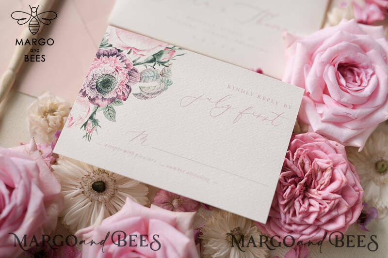 Vintage Flowers Personalized Wedding Invitations Romantic Stationery with Garden Roses and  Handmade  Velvet Silk Bow Blush Pink Envelope with monogram Liner-16