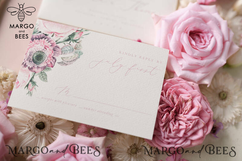 Vintage Flowers Personalized Wedding Invitations Romantic Stationery with Garden Roses and  Handmade  Velvet Silk Bow Blush Pink Envelope with monogram Liner-17