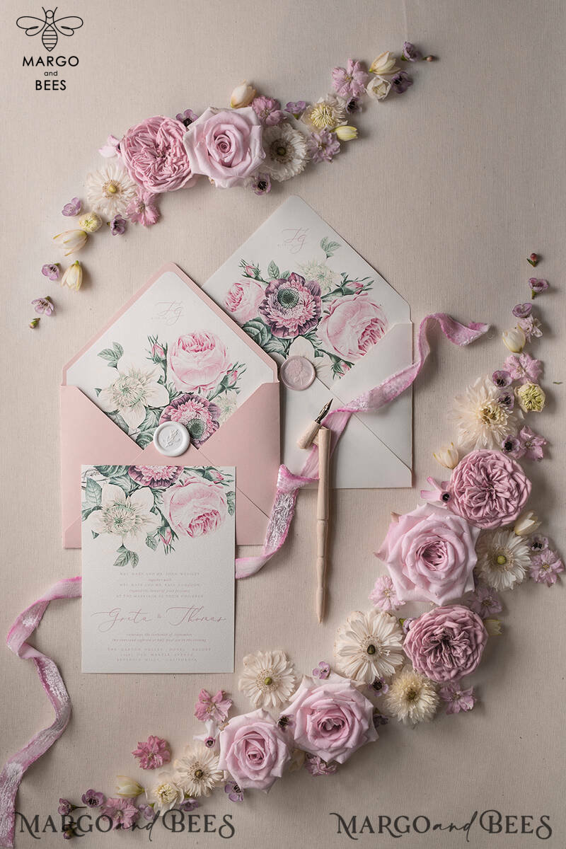Floral Vintage Wedding Invitations, Elegant And Minimalistic White Wedding Invitation Suite, Delicate Pink Wedding Cards, Handmade Wedding Stationery-11