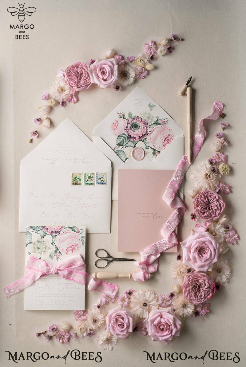 Floral Vintage Wedding Invitations, Elegant And Minimalistic White Wedding Invitation Suite, Delicate Pink Wedding Cards, Handmade Wedding Stationery-12