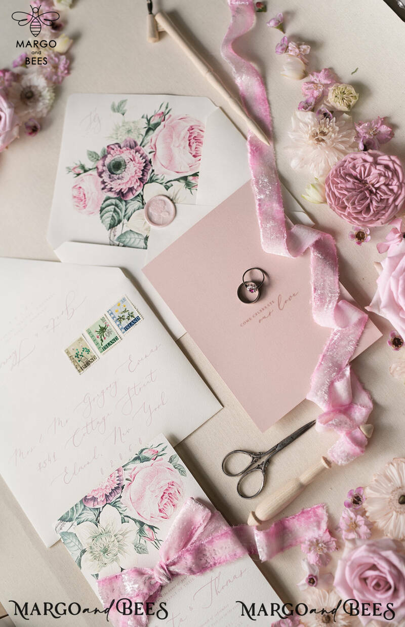Floral Vintage Wedding Invitations, Elegant And Minimalistic White Wedding Invitation Suite, Delicate Pink Wedding Cards, Handmade Wedding Stationery-1