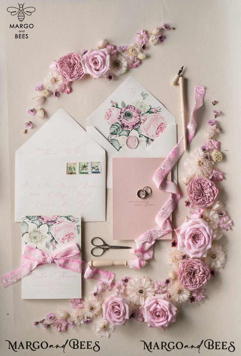Floral Vintage Wedding Invitations, Elegant And Minimalistic White Wedding Invitation Suite, Delicate Pink Wedding Cards, Handmade Wedding Stationery-0