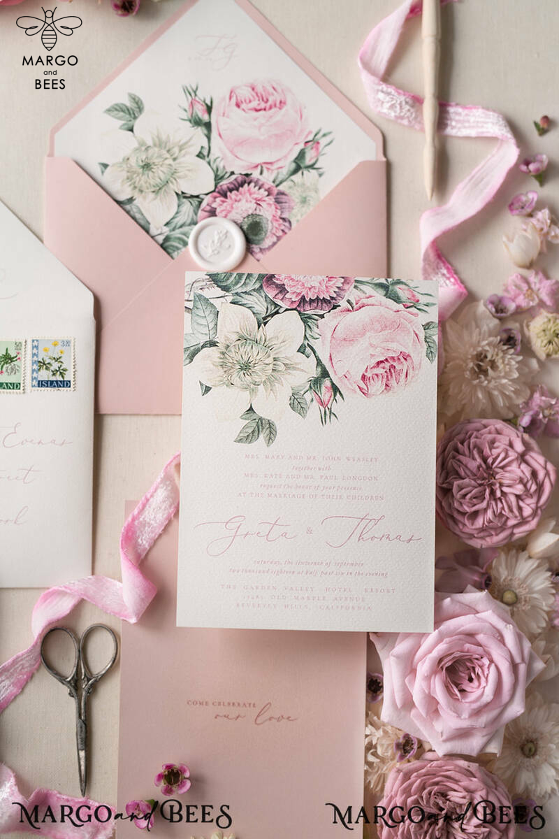 Floral Vintage Wedding Invitations, Elegant And Minimalistic White Wedding Invitation Suite, Delicate Pink Wedding Cards, Handmade Wedding Stationery-10